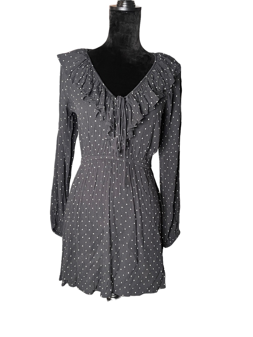 Billabong Charcoal Dot Ruffle-Front Long Sleeve Dress